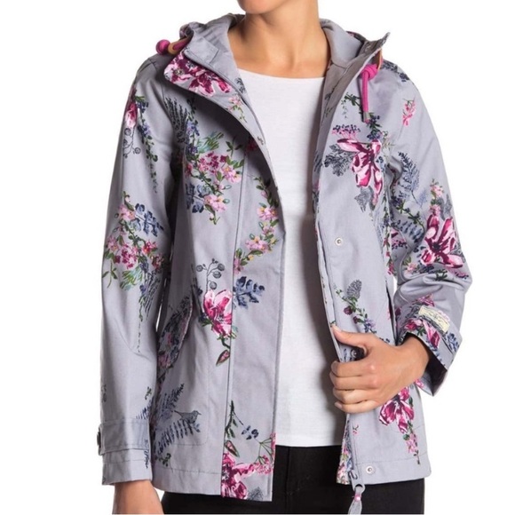 Joules Rightas Rain Gray Floral Rain Jacket NWOT Women’s US8 UK12 - Picture 1 of 11